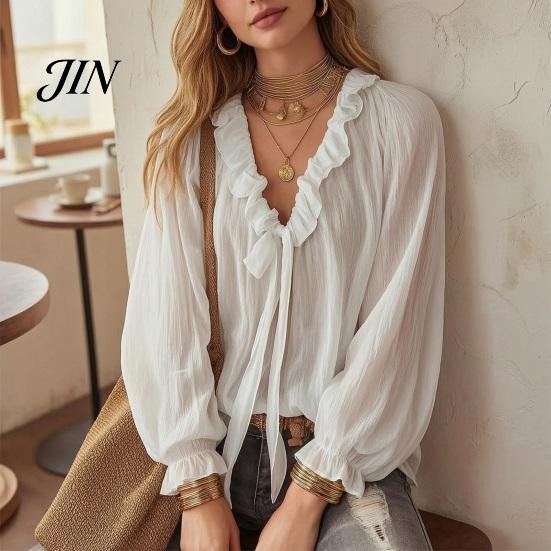 Skin-friendly Fabric Tops Women Chiffon Tops, Ruffle Splicing Collar V-Neck Blouse, Pure Color Loose Fit Summer Breathable Shirt Shirt, Lantern