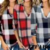 Women Vintage V-neck Loose Tops Long Sleeve Stylish T-shirt With Plaid Casual Design