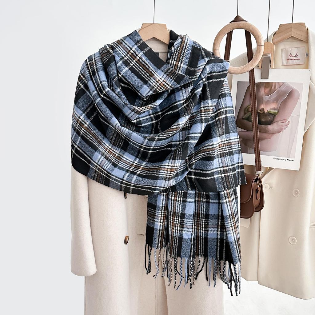 Women's Winter Plaid Imitation Cashmere Tassel Scarf, Thickened Korean Style Neck Warmer