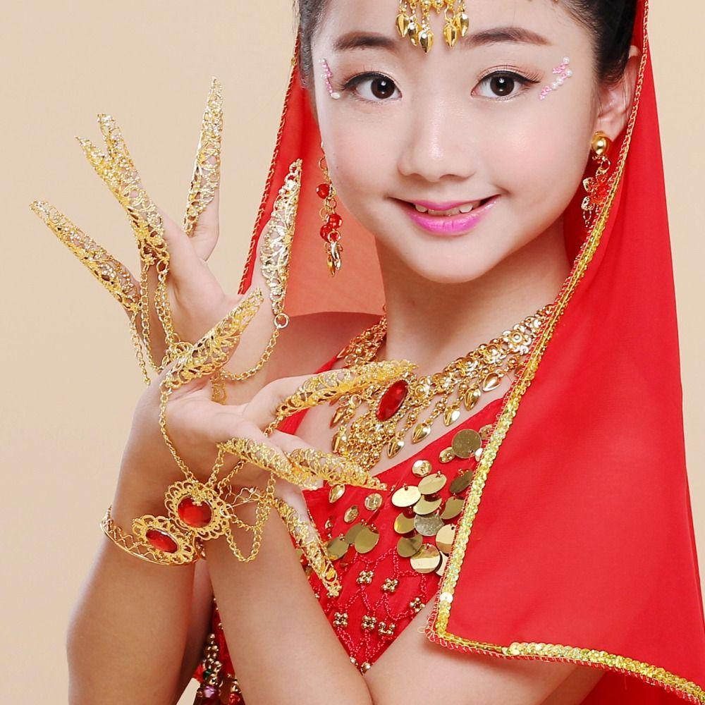 1 Paar Antikstil Indischer Tanz Fingerspitze Goldfarbe Bauchtanz Armband Hochzeit