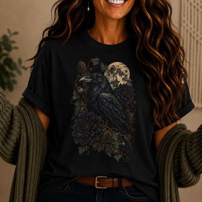 Raven Moon Shirt, Gothic Raven T-Shirt, Dark Floral Crow Tee, Moonlit Botanical Shirt, Witchy Bird Graphic Tee
