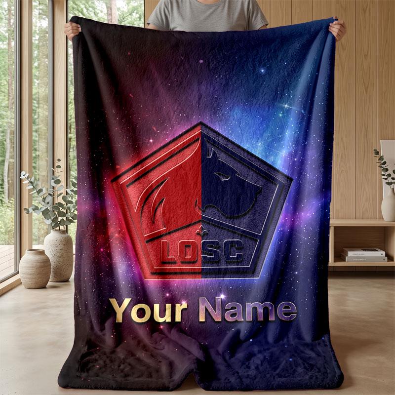 LOSC Lille Custom Name Text Flannel Blanket Soccer Logo Personalized Fleece Throw Blanket Special Gift For Sofa Bedroom Home