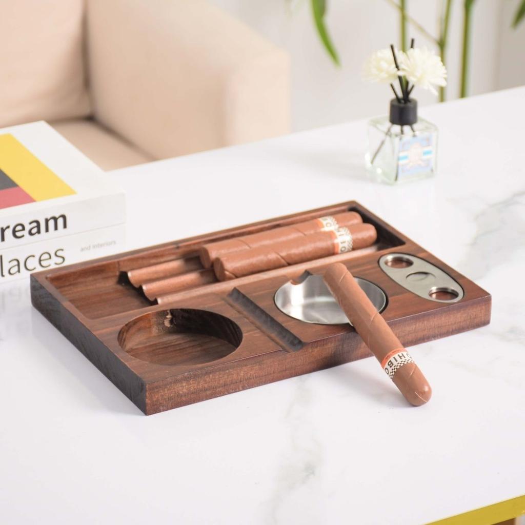 Luxury Wooden Cigar Ashtray Set with Cutter and Whiskey Glass Holder, Portable Walnut Cigar Tray for Men, Father's Day Gift