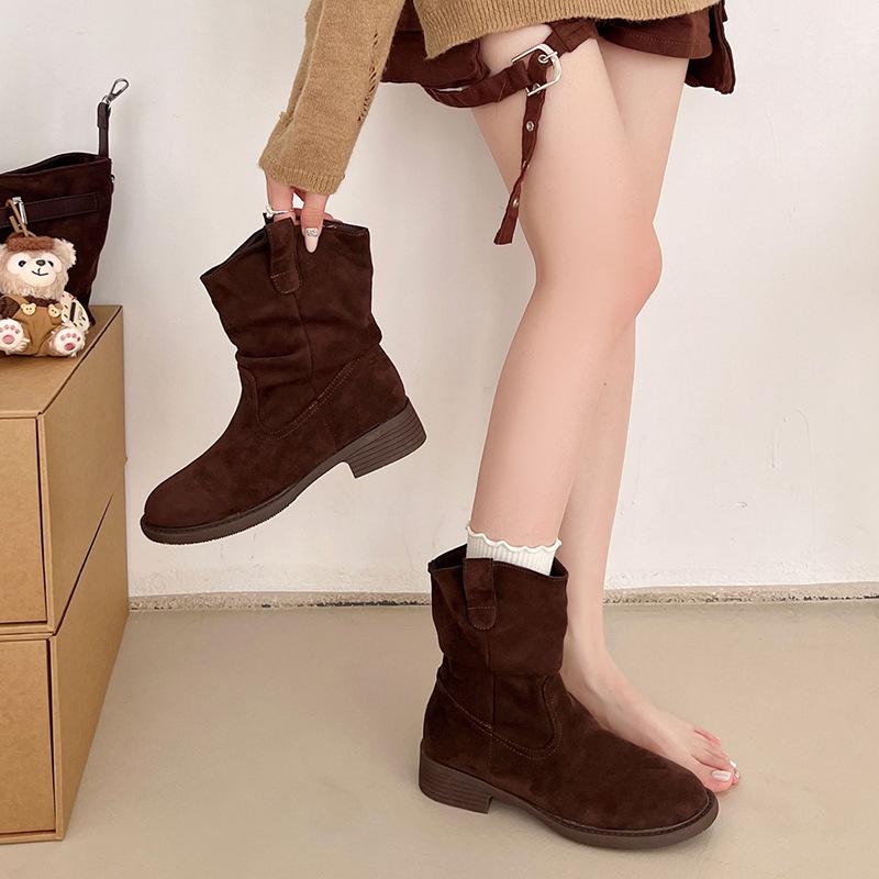 Maillard Western Folded Short Boots Women's Spring and Autumn Single Boots Pile Boots Retro British Style Small Thick Heel Martin Boots