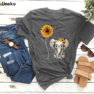 Damski letni T-shirt z nadrukiem słoniątka, w stylu retro, z krótkim rękawem, casualowy, z nadrukiem, topy