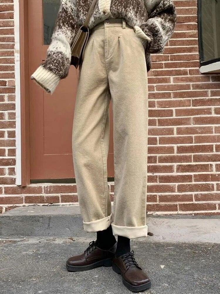 Kausale Taschen Alle Spiel Weibliche Koreanische Hosen Vintage Cord Hosen Hohe Taille Frühling Gerade Hosen