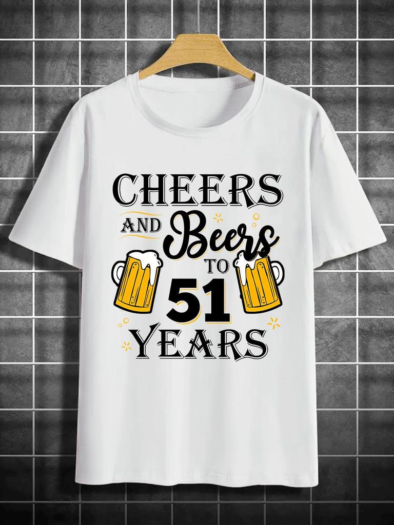 Unisex O Neck Tee 51 Birthday Beer Cheers Graphic Print Cotton Short Sleeve Loose Summer Street Breathable Daily Casual Basic Tee