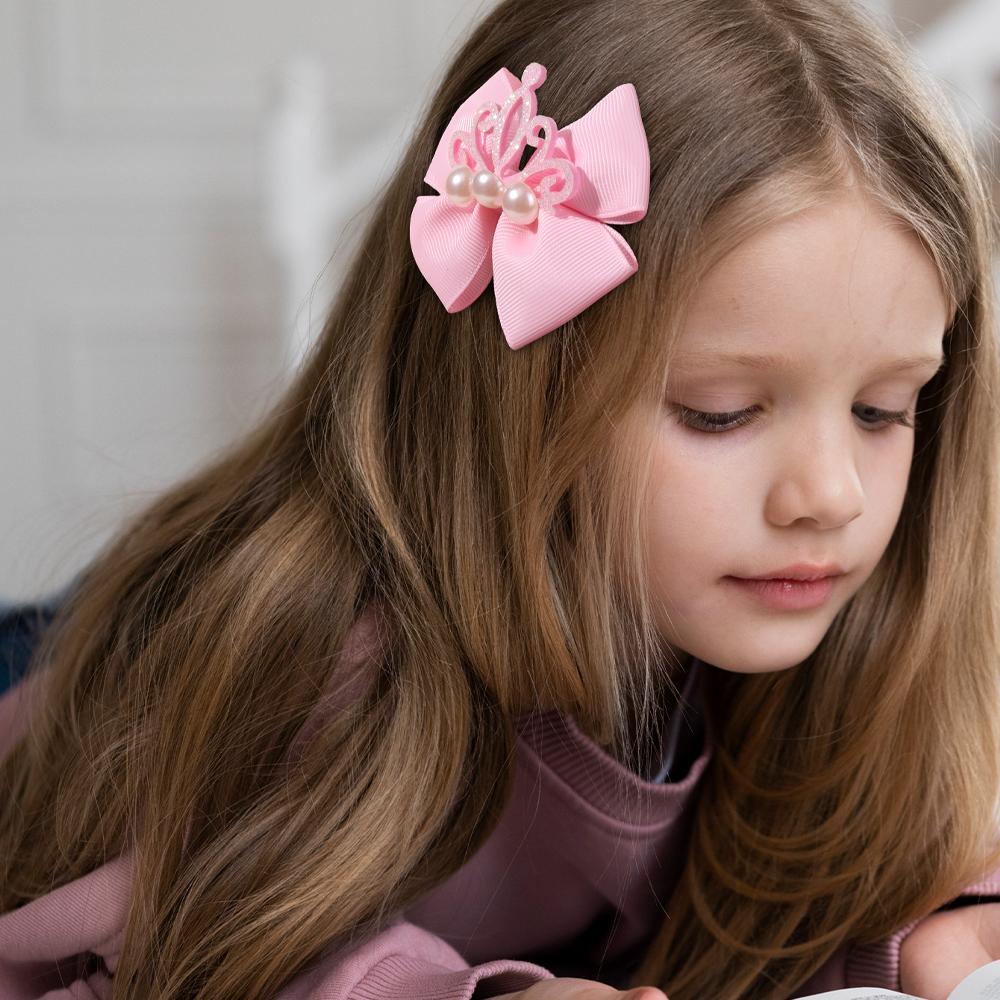 2 Stück Mädchen Haarspangen mit Schleife, Glänzende Krone & Kunstperlen Dekor Haarnadeln, Rosa Satinband Krokodilklemmen Haaraccessoires