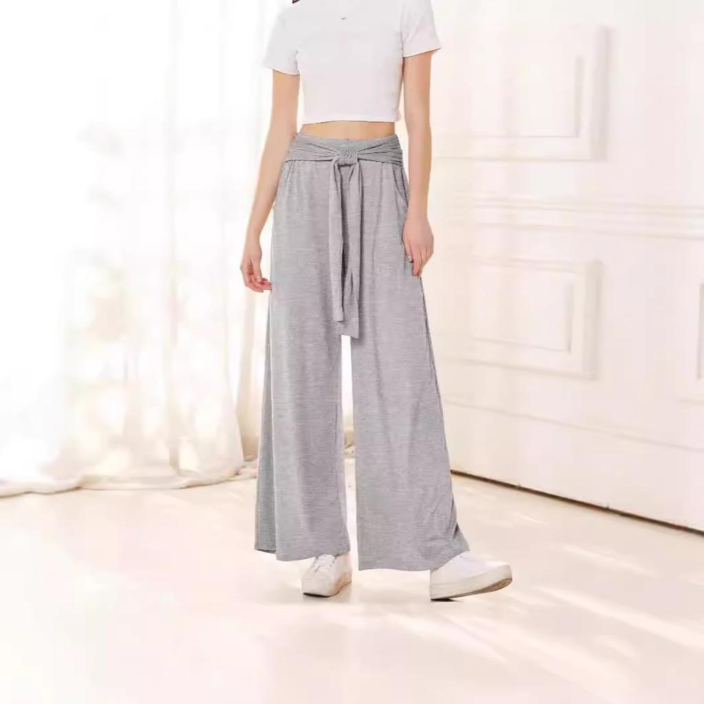 Women's Elastic High Waist Self Tie Belt Solid Color Wide Leg Long Pants Soft Casual Loose Trousers For Summer Daily Yoga Wear