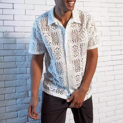 Summer Leisure Vacation Perspective Top with Twisted Buckle Mesh Hollow Men's Short Sleeved Shirts
