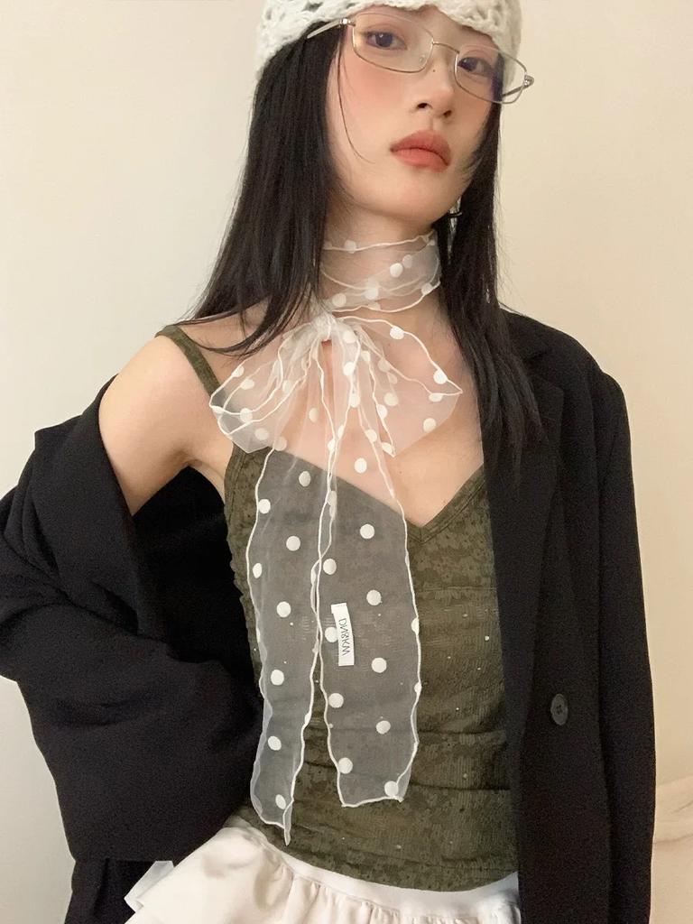 Fashionable Lace Mesh Polka Dot Scarf For Women New Summer 2025 Lightweight Sweet Versatile Neck Accessory With Ribbon