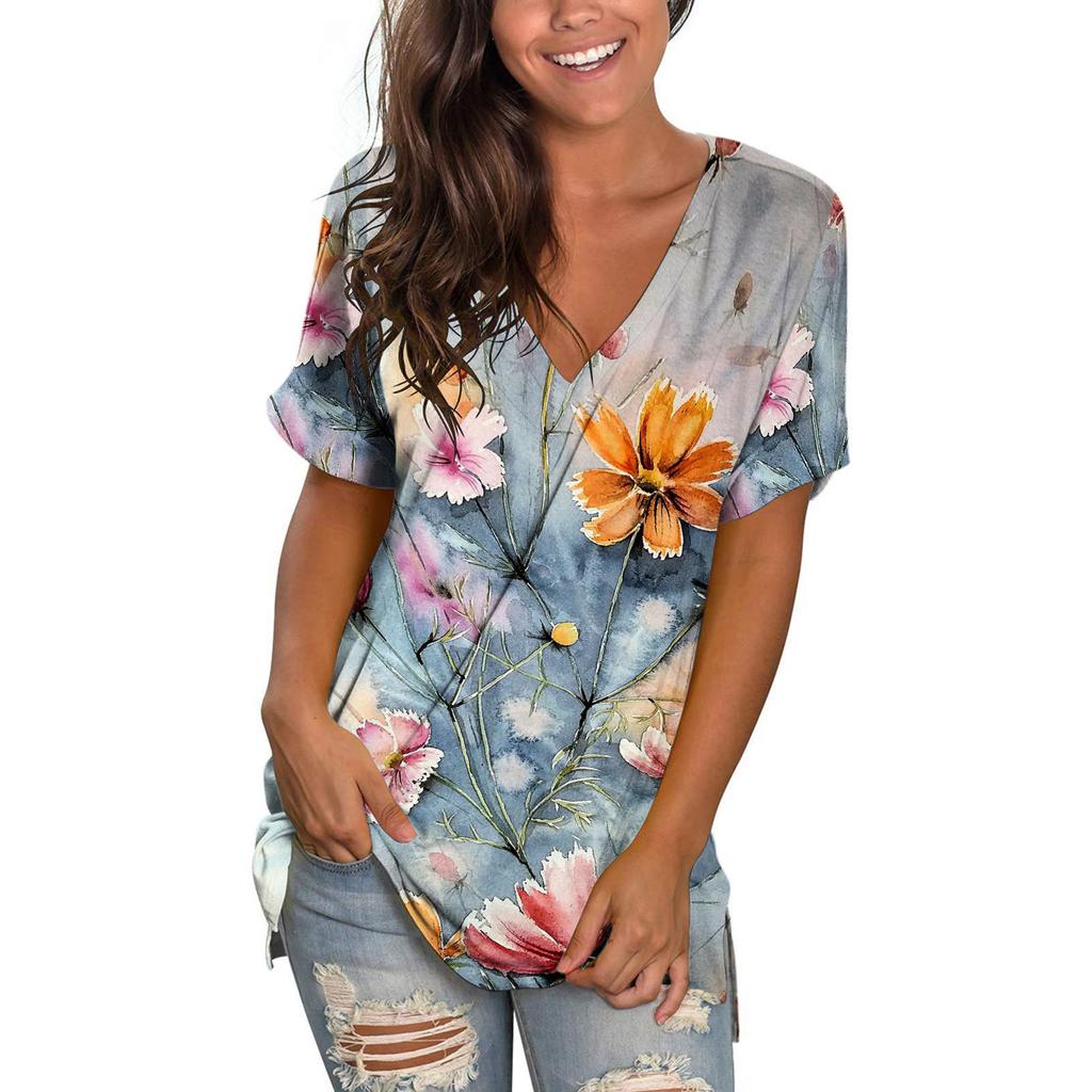 Summer V-neck 3D Coconut Tree Flowers Printed Top Fashionable Casual Short Sleeved Women's T-shirts