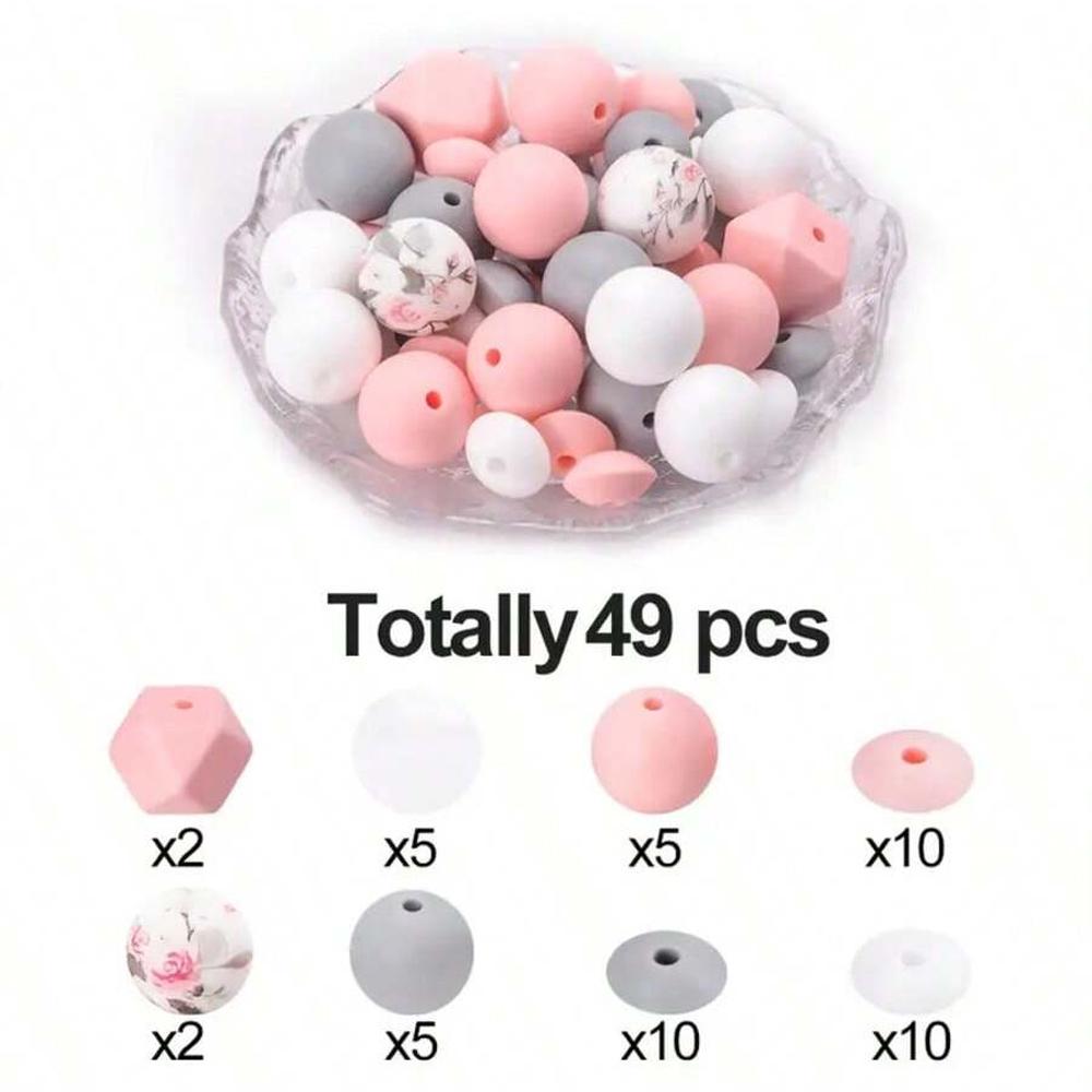 49PCS Bohemian style printed silicone beads, suitable for DIY handicrafts, creative keychains, bracelets, necklaces, etc