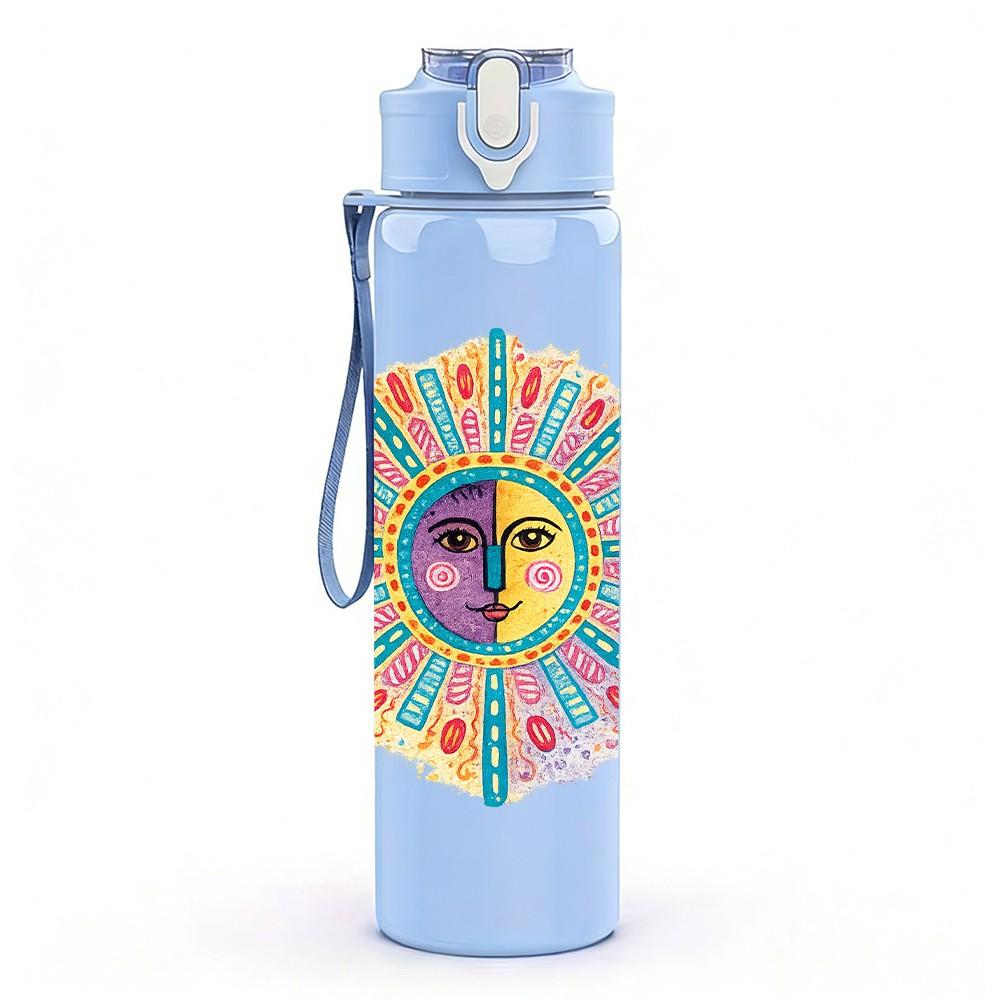 1PC Bohemian Sun Totem Ethnic Art Print 750ml Color Plastic Sports Water Bottle Leakproof Flip Straw Lid Suitable for Sports Office Home Use