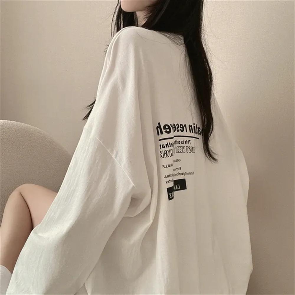 Women's Round Neck Long Sleeve Tunic Tee Loose Fit Casual Letter Print Top Oversized T-Shirt