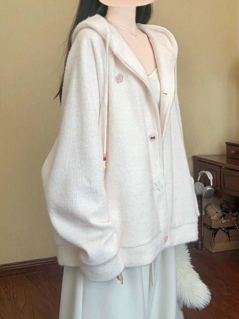 Damen Rosa Kapuzen Strick Cardigan Mantel - Koreanischer College Stil, Herbst/Winter Plus Samt Hoodie