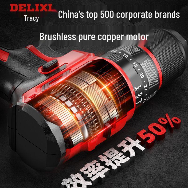 Delixi Brushless Lithium Electric Hand Drill - Pistol Grip for Household Wall Drilling and Impact Holes