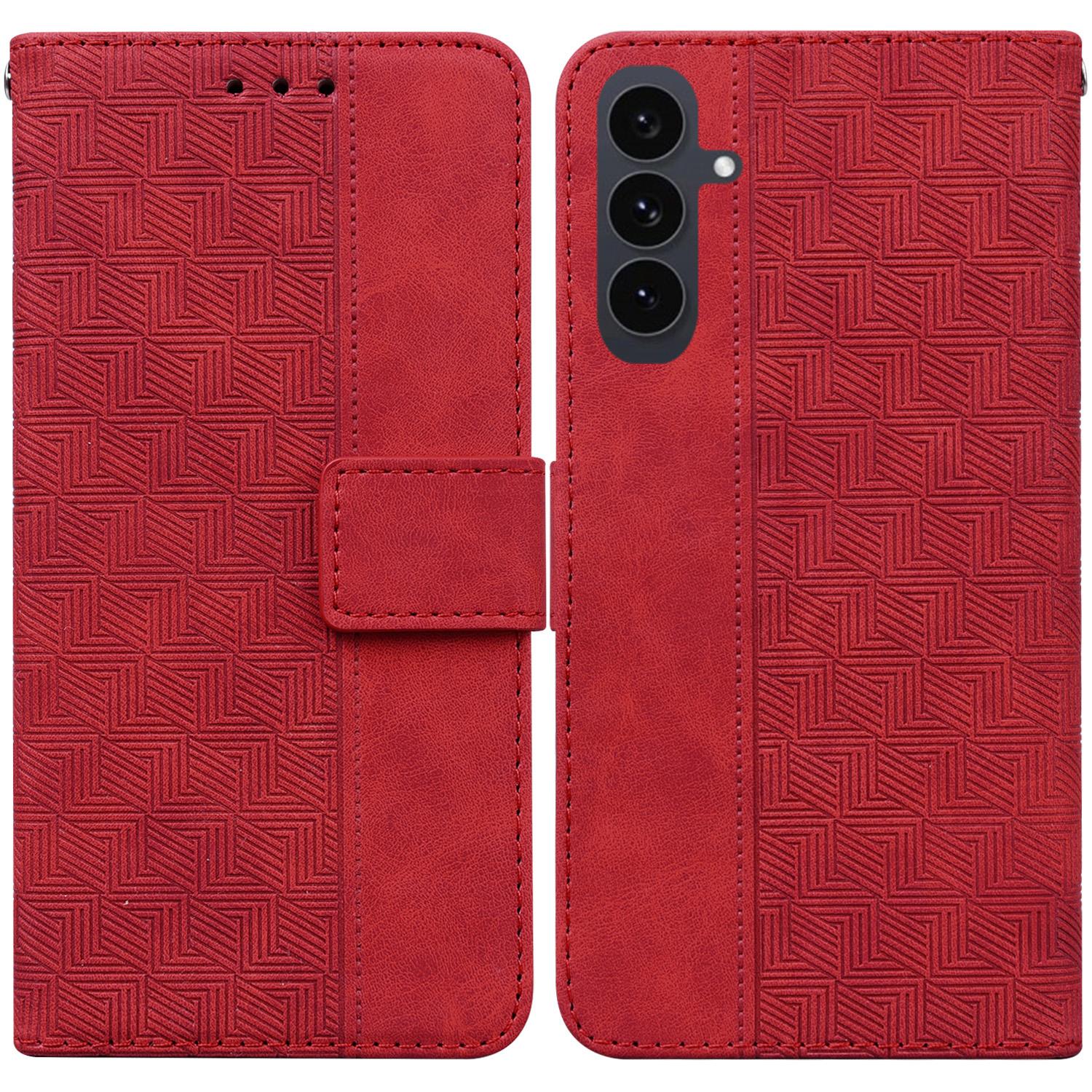 

For Samsung Galaxy S25 FE Case Geometry Pattern Leather Wallet Phone Cover with Wrist Strap Red