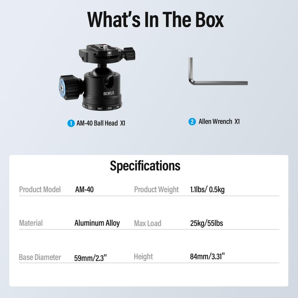 SIRUI Professional 40mm Ball Head with Panoramic CNC Aluminum Alloy Compatible with DSLRs and with Quick Release Maximum Load Capacity of 40kg AM-40