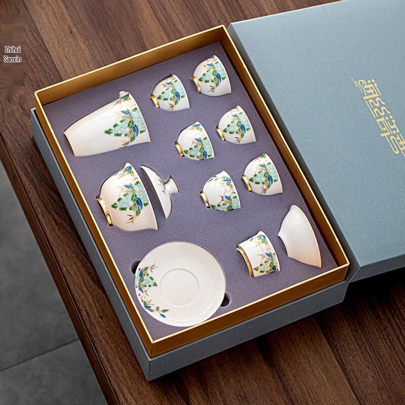 Mutton Fat Jade Ceramic Gold Rim Kung Fu Tea Set