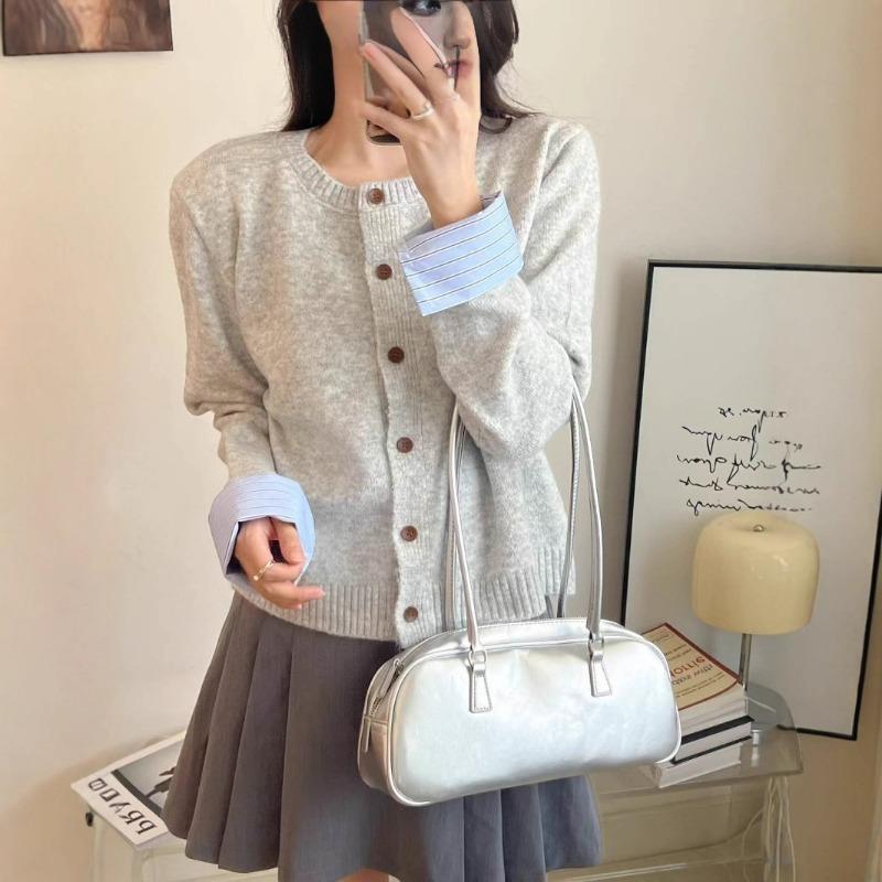 Autumn and Winter New Splicing Shirt Sleeves Knitted Cardigan Women's Loose Round Neck Versatile Temperament Sweater Jacket