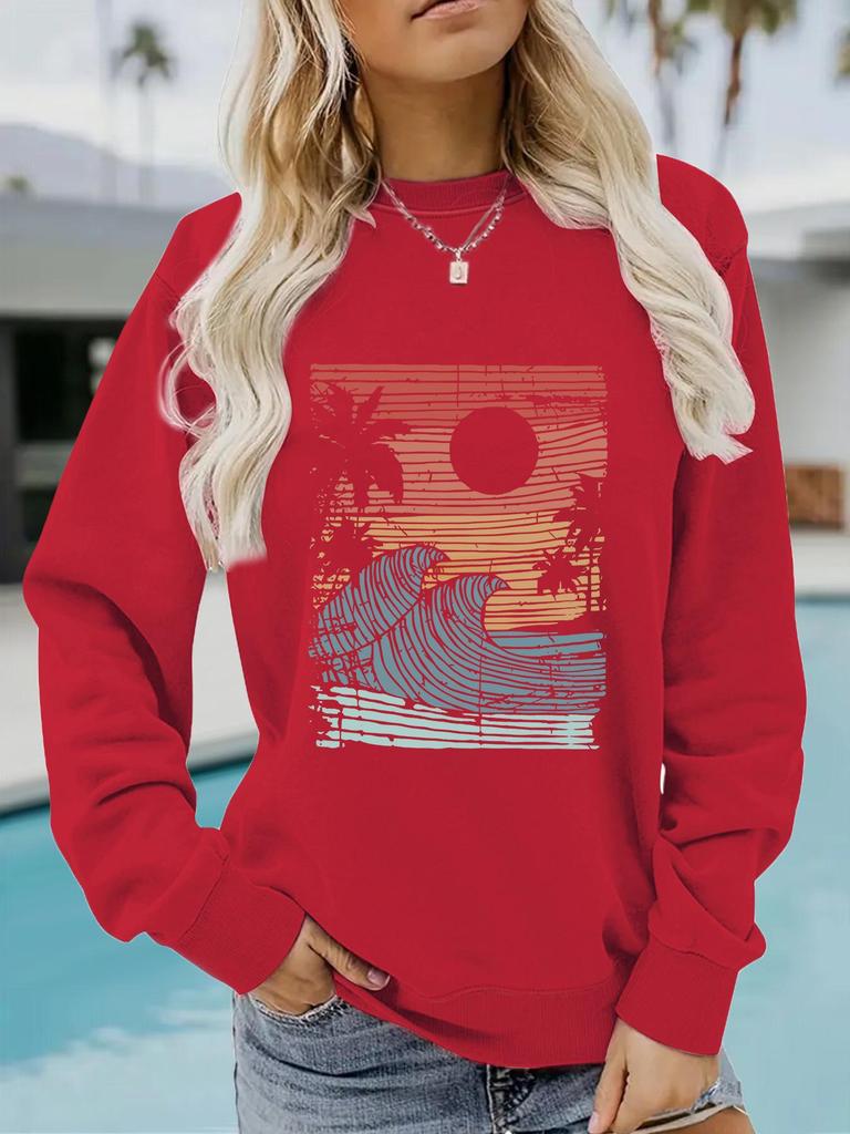 Sea View Print Women's Round Neck Long-Sleeve Hoodie