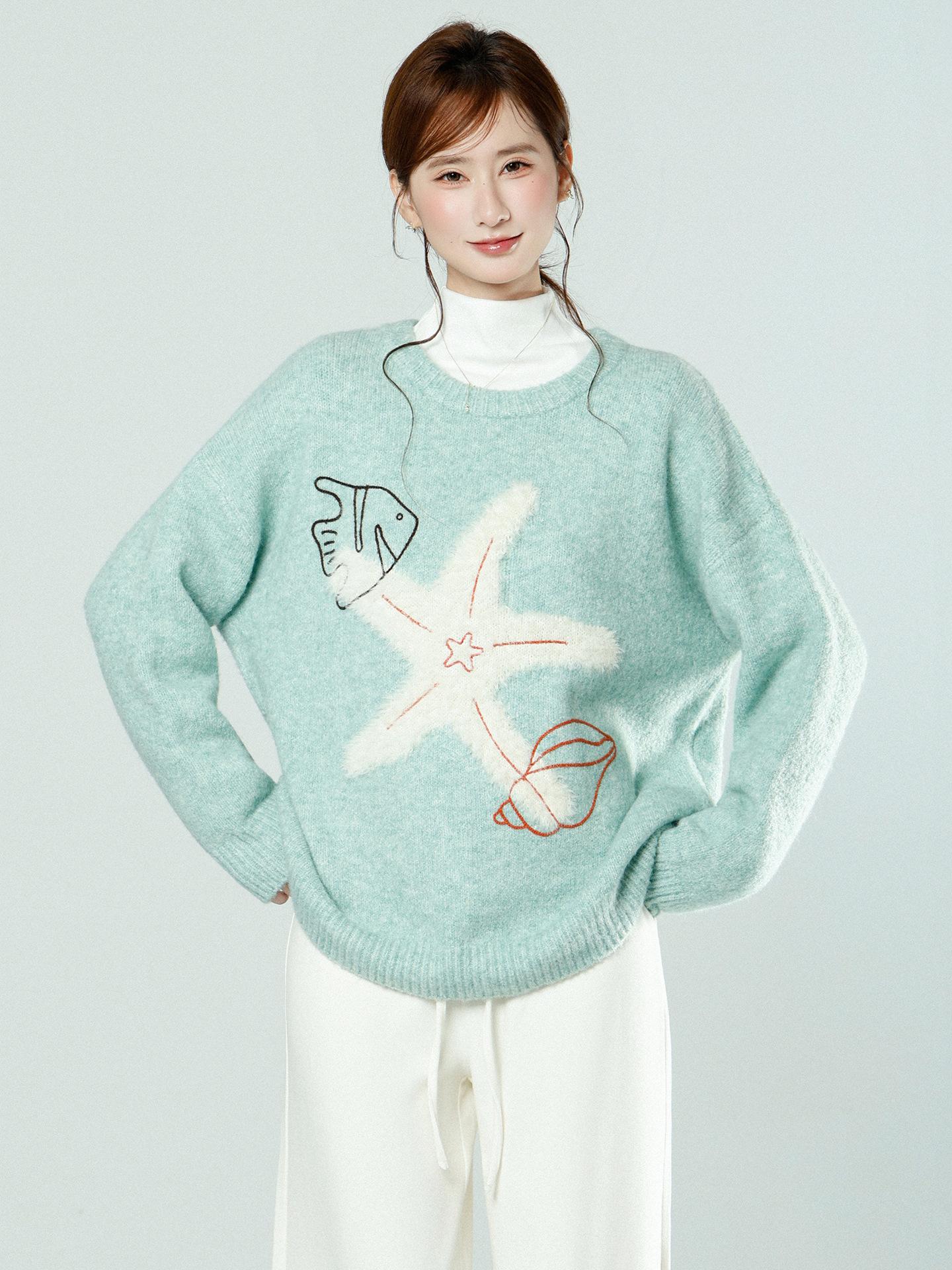 

Green starfish crew neck pullover thickened loose sweater jacket women s winter new lazy high-end wool knitted sweater One size fits all зелёный