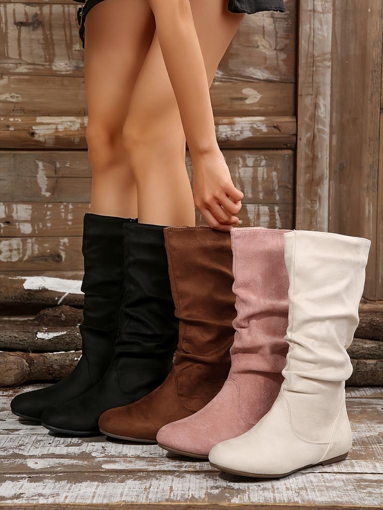 Women's solid color mid-calf ankle boots with pleated design on the boot shaft and zipper on the side. Fashionable Women's ankle boots, suitable