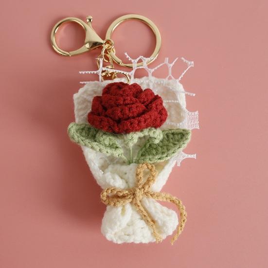 Keychain Pendant Hand Crocheted Flower Key Chain Colorful Yarn Roses Sunflower Charm Key Holder Bag Car Key Accessory