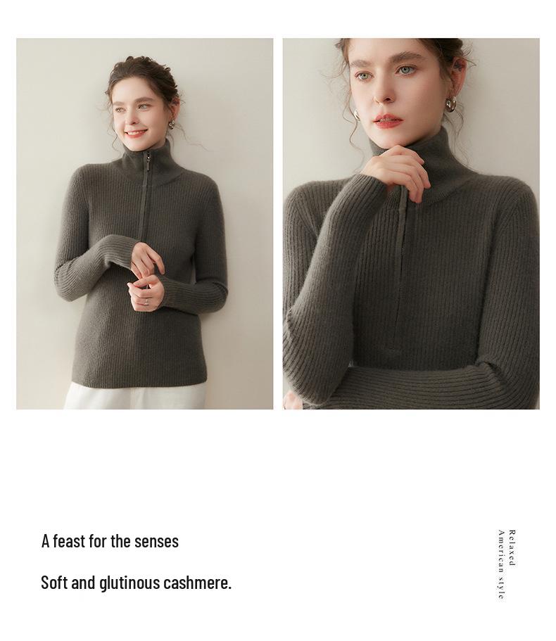 Women's High-Neck Cashmere Sweater - 2025 Autumn/Winter Collection, Half-Zip, Loose Fit, Warm, High-End Knitwear