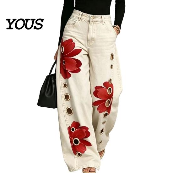 Loose Fit Faux Denim Trousers Women High Waisted Wide Leg Jeans, Vintage Floral Print Relaxed Trousers, Casual Pants with Pockets & Metal Eyelets