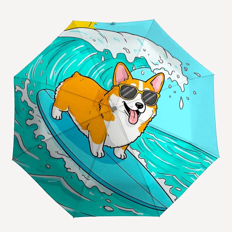 

1pc Surfing Corgi Automatic Open/Close Umbrella Compact Folding Umbrella, All-Season Portable Umbrella for Women/Men F1124073