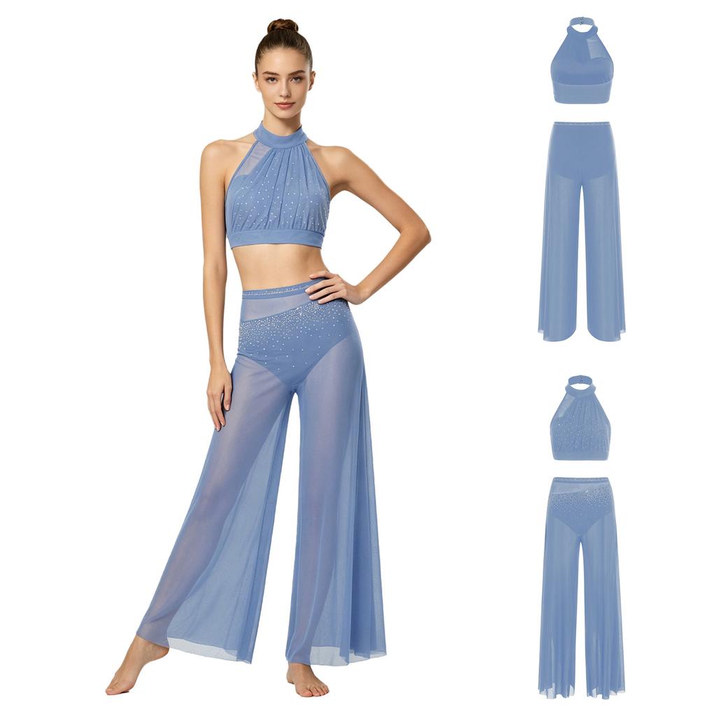 Women Halter Crop Top and Wide Leg Pants Set Rhinestone Mesh Patchwork Sleeveless with Built-in Bottoms Elastic Waist for Dance Club Performance