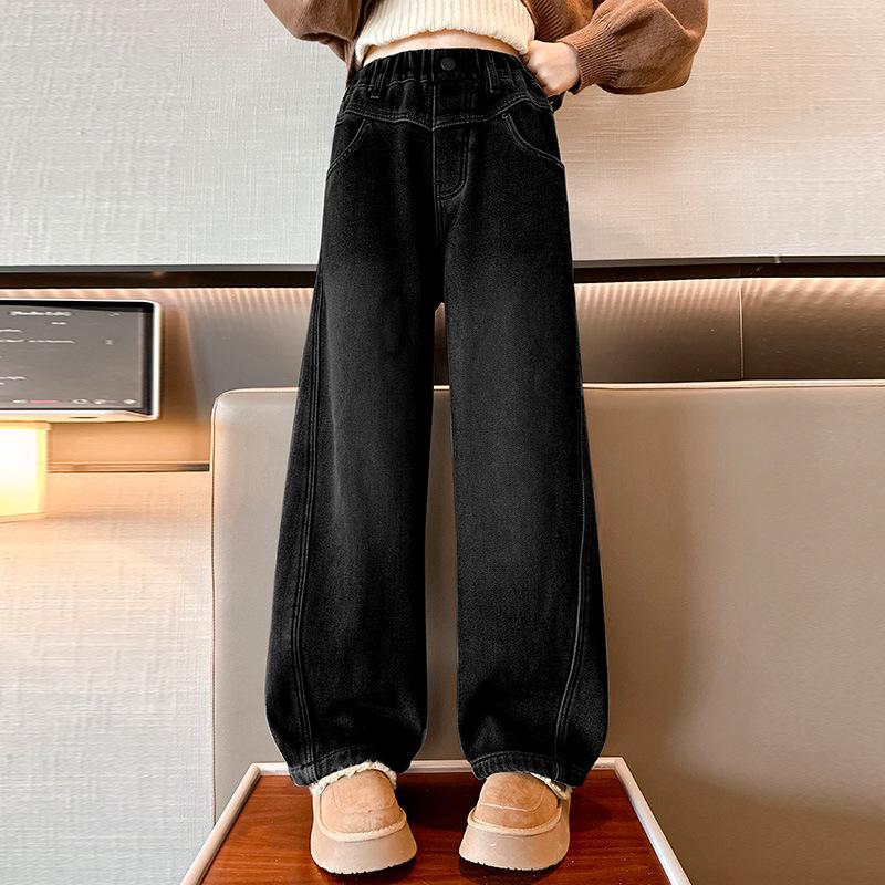 Girls' 2025 Korean Style Fleece-Lined Loose Wide-Leg Winter Jeans for Middle and Big Children