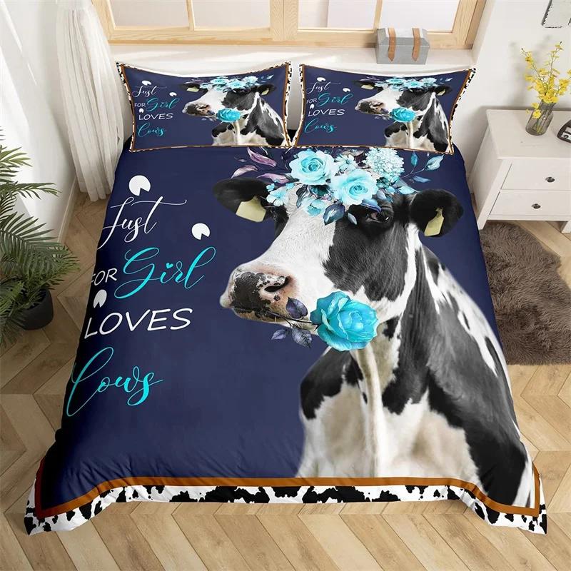 Highland Cow Duvet Cover King Microfiber Western Farmhouse Animal Bedding Set Leopard Cow Skin Fur Floral Print Comforter Cover