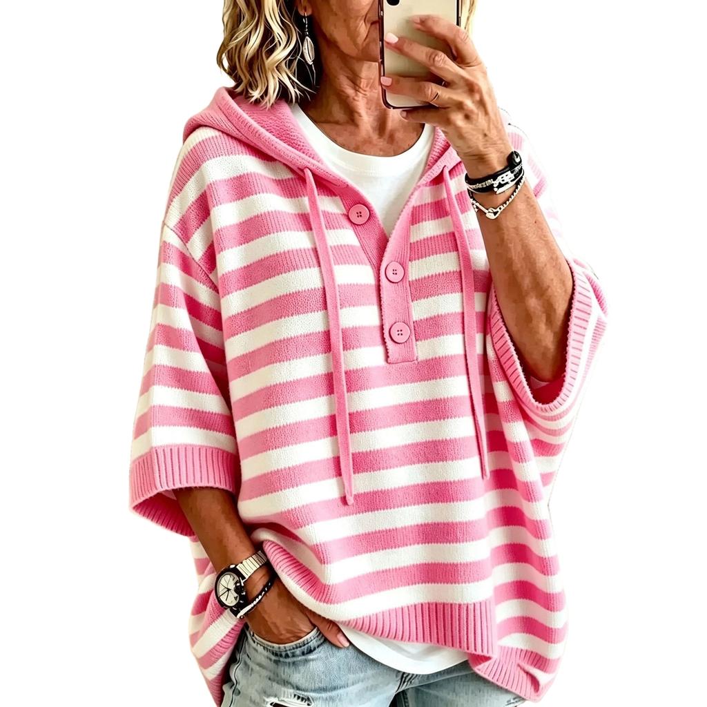 Damen Lässiger Kapuzen-Strickpullover Lockerer Schnitt Gestreifter Langarm-Pullover Top
