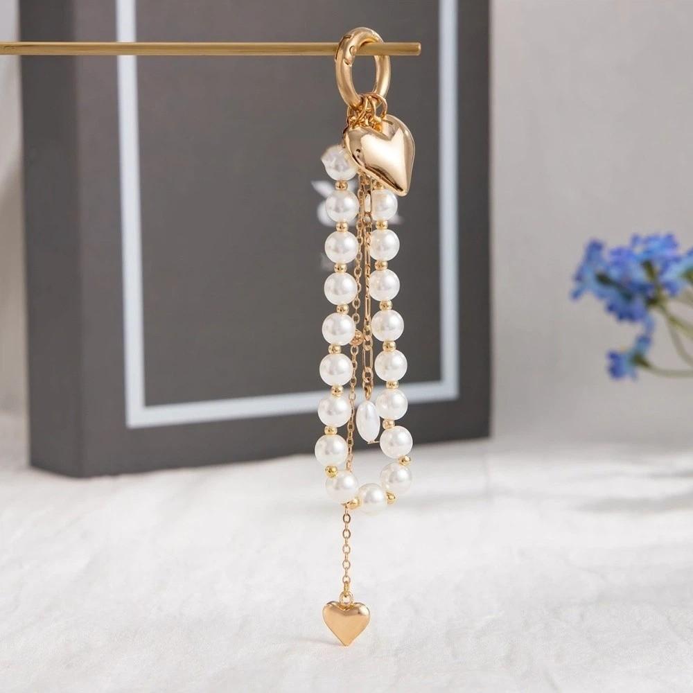 Star Rivet Pearl Beadeds Keychain Metal Peach Heart Key Ring Fashion Chain Bag Pendant  Decoration