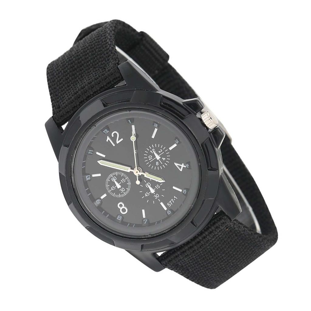 Electronic Analog Wrist Watch Round Nylon Strap Military Wristwatch (Black)