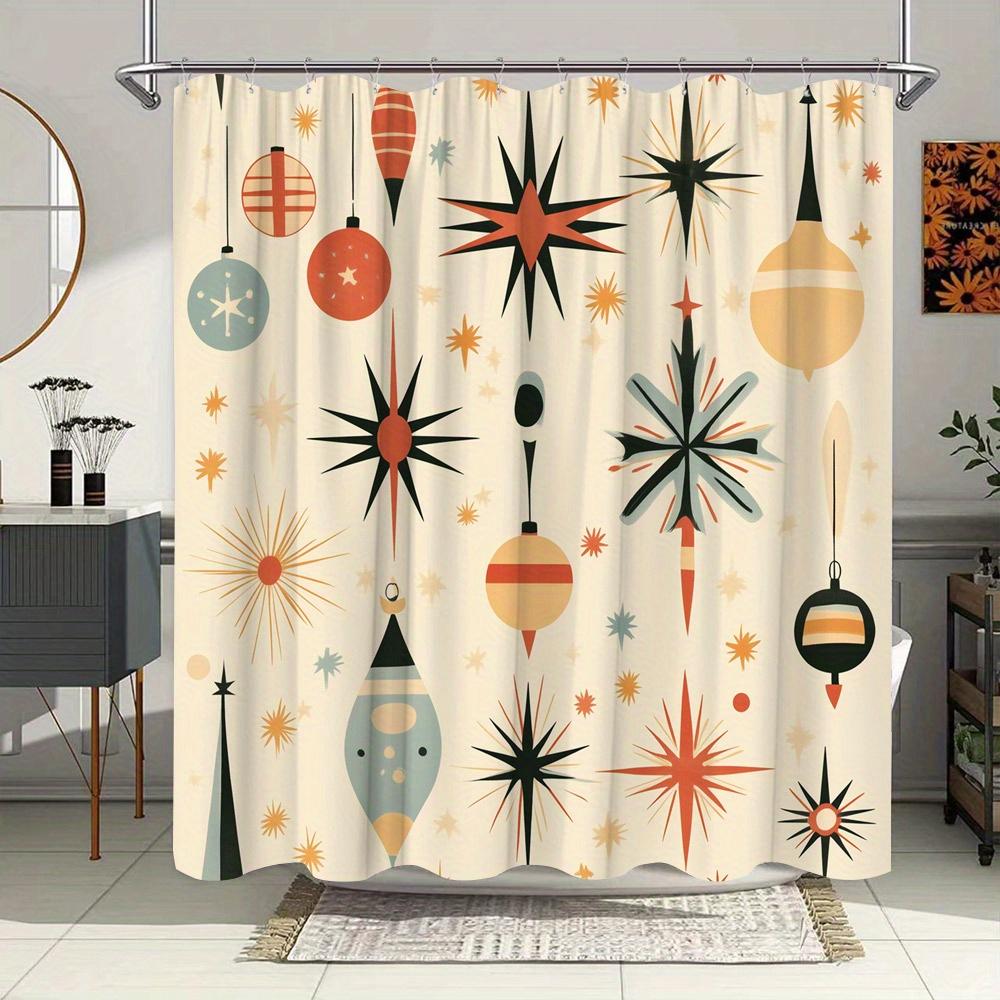 1pc Mid-Century Modern Christmas Shower Curtain,  Vintage Ornaments & Stars Design, Festive Holiday Bathroom Decor
