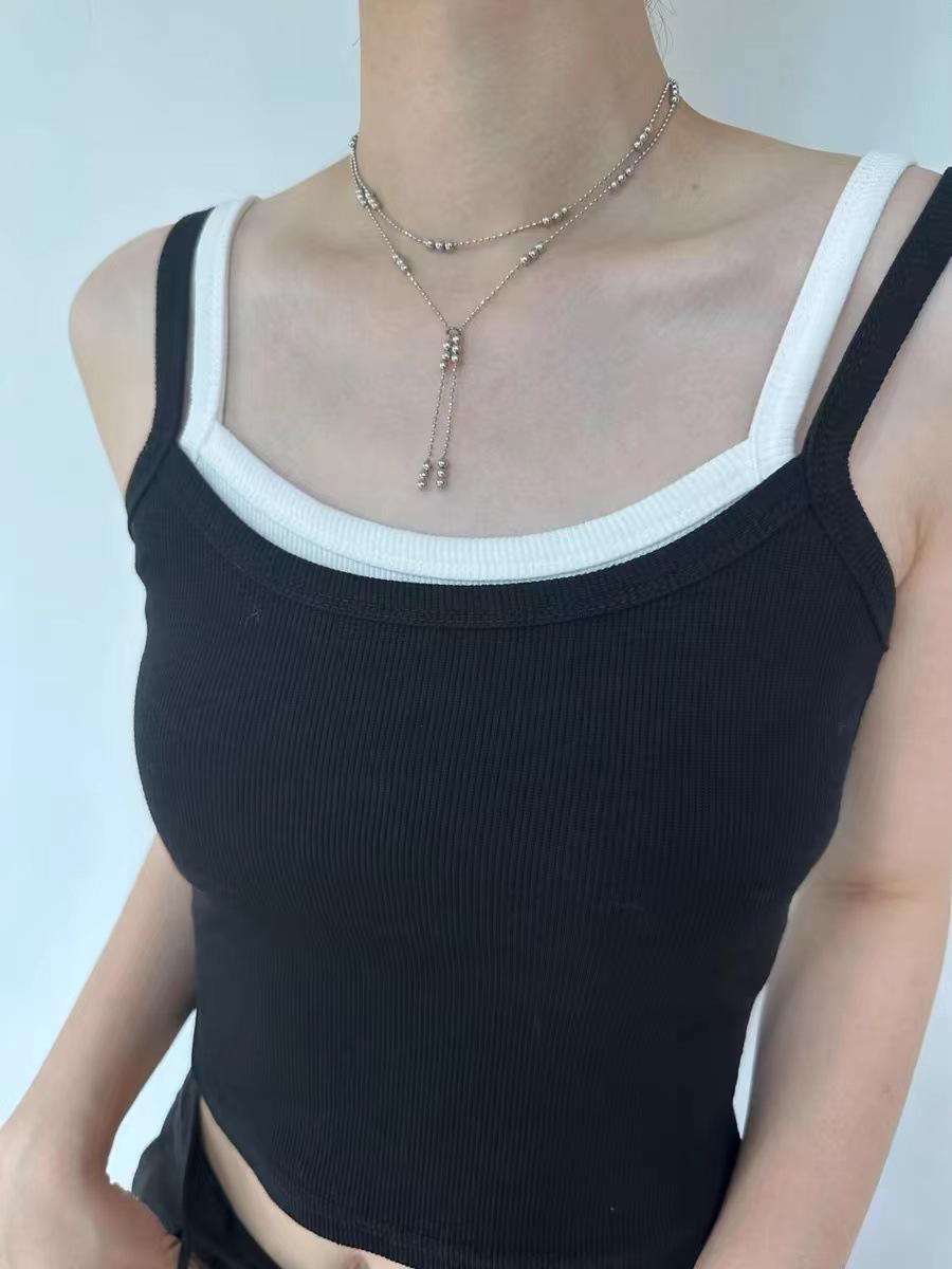 Simple Personality Stainless Steel Silver Color Round Bead Tassel Spacer Bead Double Layer Fold Wear Necklace for Women Jewelry