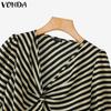 VONDA Summer Women Short Puff Sleeve Twisted Striped Casual Blouse