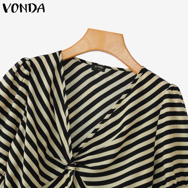 VONDA Summer Women Short Puff Sleeve Twisted Striped Casual Blouse