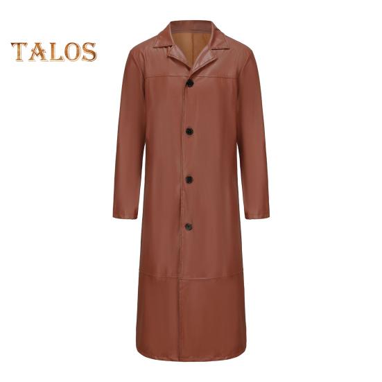 Herren Langer Trenchcoat aus Kunstleder mit Revers, langärmelig, einfarbig, Windjacke, wasserdicht, winddicht, Windjacke