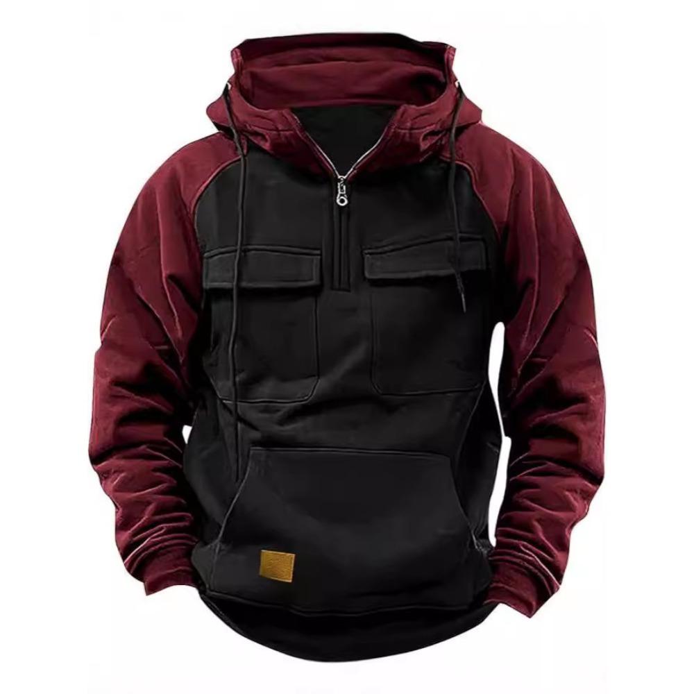 New Men's Off-the-Shoulder Half-Zip Hoodie: Workwear-Inspired Sportswear with Multiple Pockets