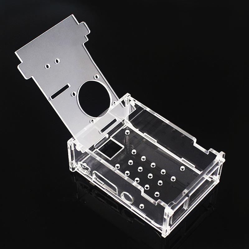 Acrylic Protective Case for Raspberry Pi 4 Model B with 3.5-inch Touchscreen, Fan Mount, and Camera Stand.