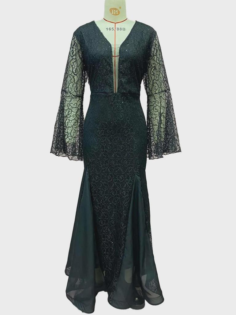 Elegant Black Fishtail Lace Evening Dress - 2025 Summer Collection