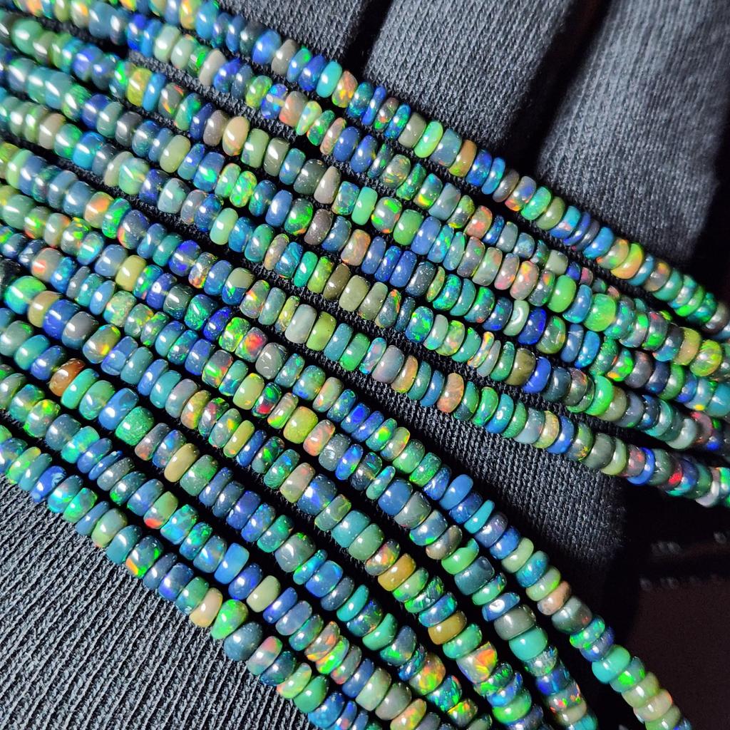 Smooth Polish Rainbow Flashy Rondell Ethiopian Opal Beads, Black Opal strand beads.