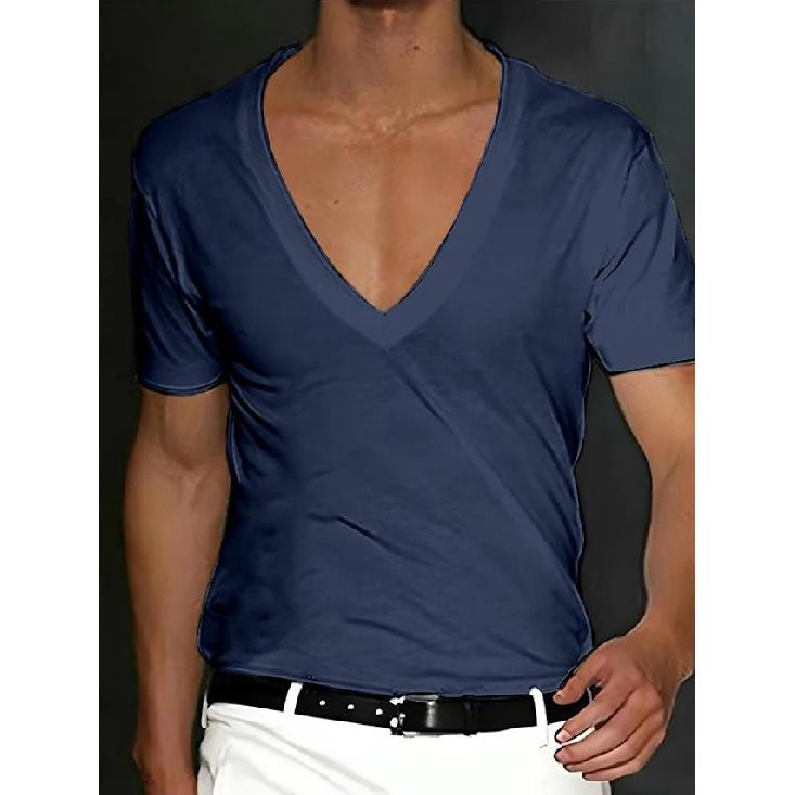 

Men s T-shirt Summer Men s V-neck Solid Color Slim Fit Thin Casual T-shirt Short Sleeve Top XXXL темно-синий