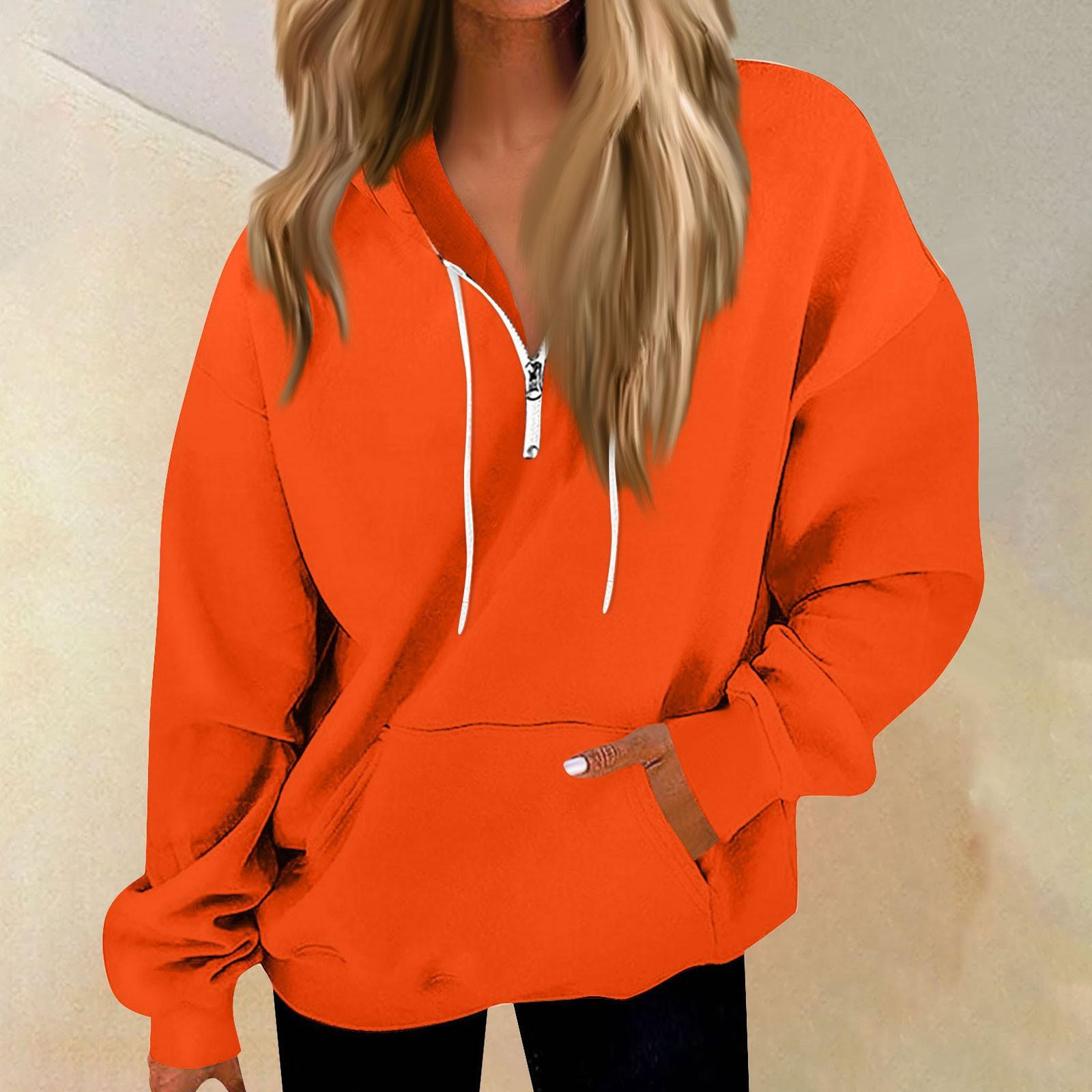 

Женская повседневная мода с длинным рукавом, однотонный пуловер на молнии, толстовка с капюшоном, топ оранжевый