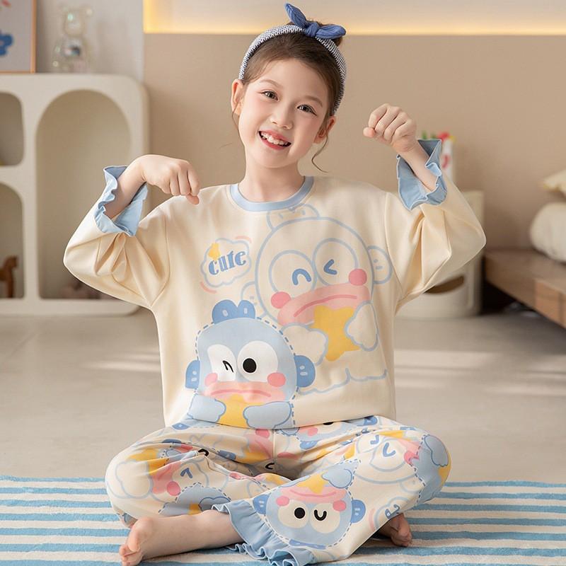 100% Cotton Girls Long Sleeve Pajamas Set Cartoon Print Round Neck Sleepwear Kids 8 Years